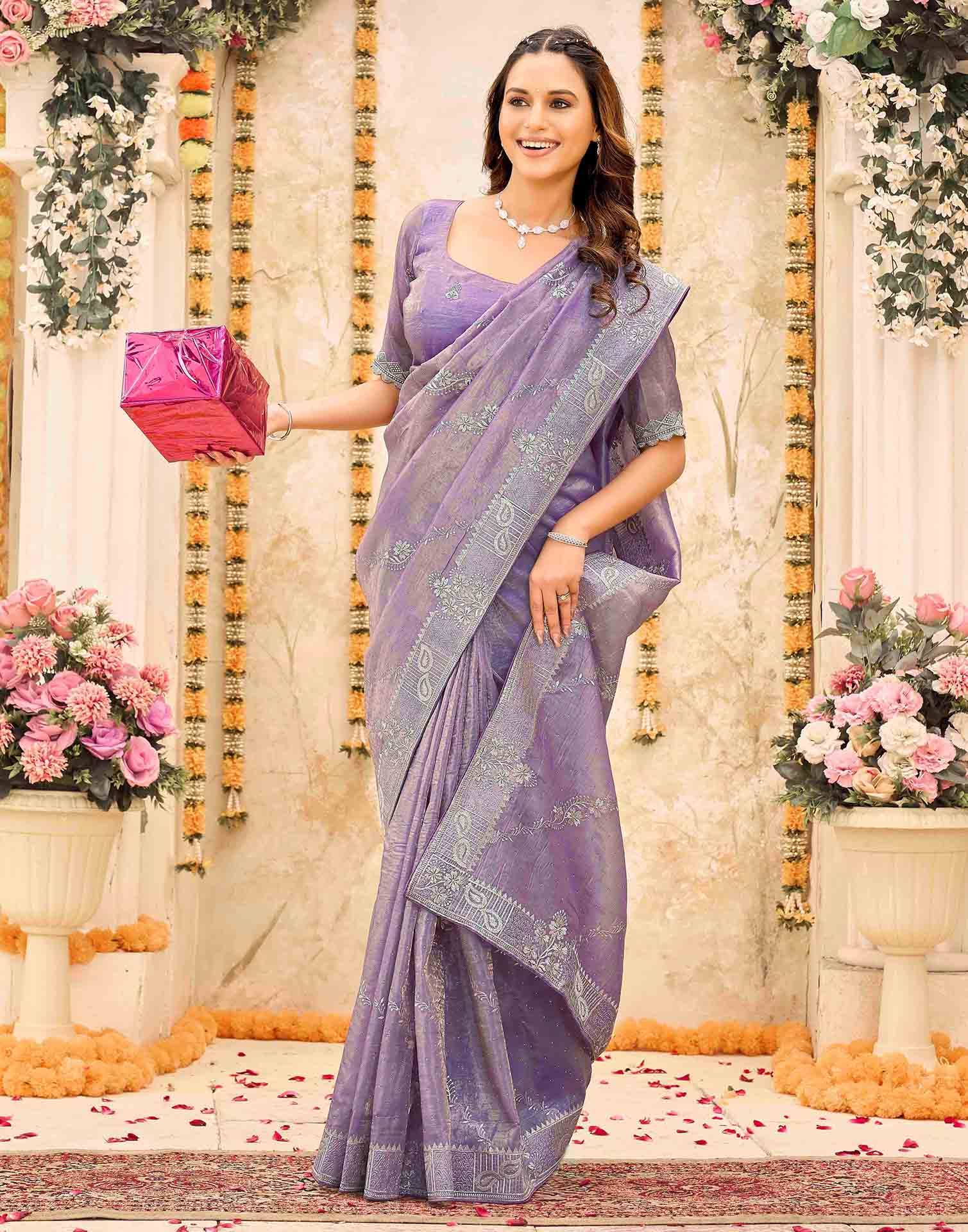 Lavender Tissue Silk Embroidery Embellished Saree