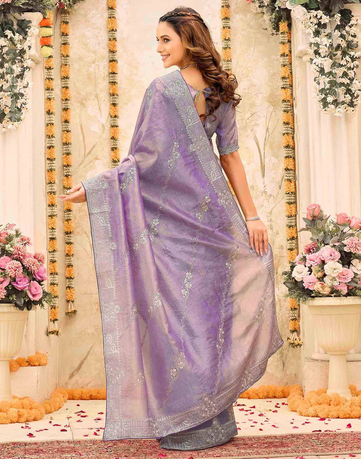 Lavender Tissue Silk Embroidery Embellished Saree