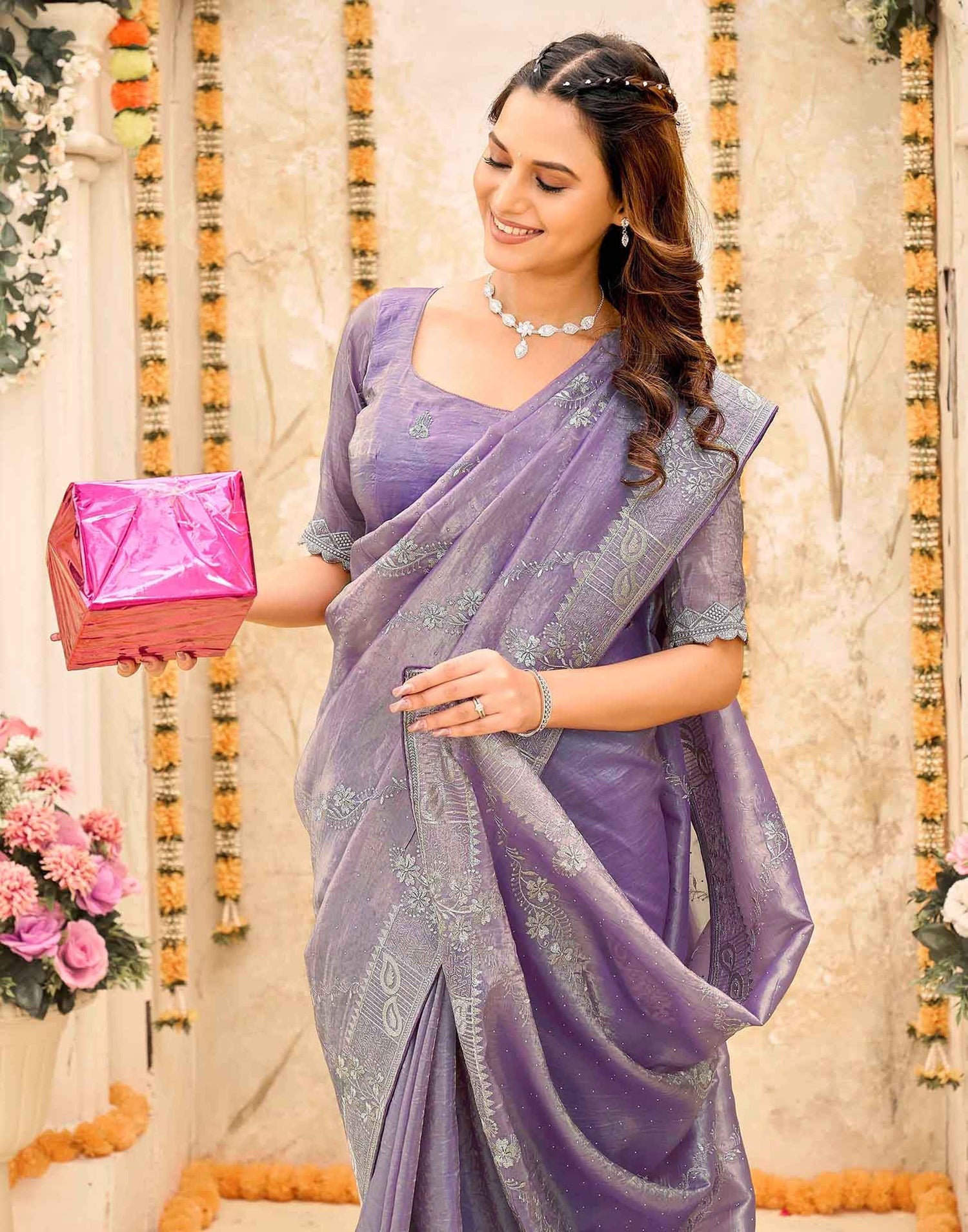 Lavender Tissue Silk Embroidery Embellished Saree