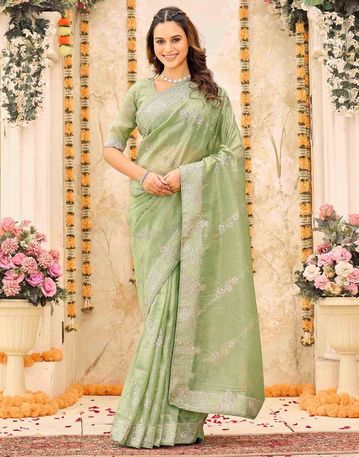 Pista Green Tissue Silk Embroidery Embellished Saree