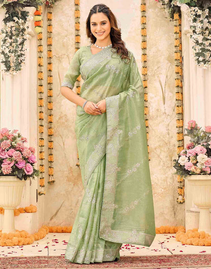 Pista Green Tissue Silk Embroidery Embellished Saree