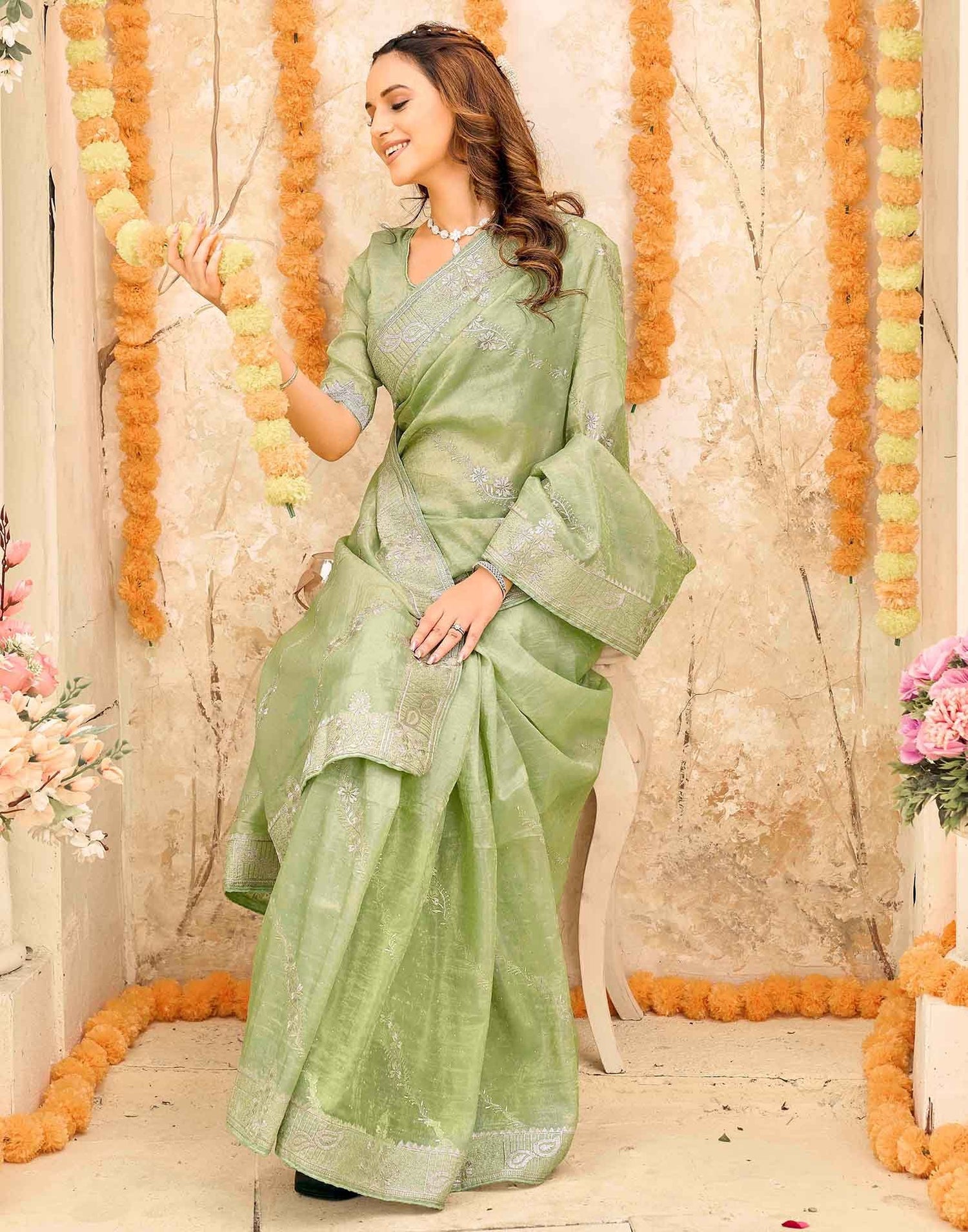 Pista Green Tissue Silk Embroidery Embellished Saree