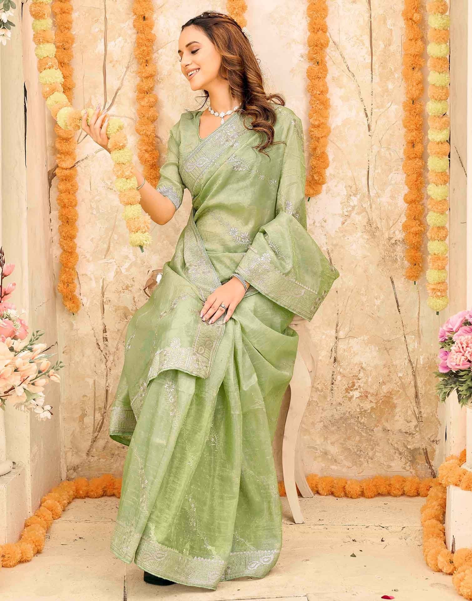 Pista Green Tissue Silk Embroidery Embellished Saree