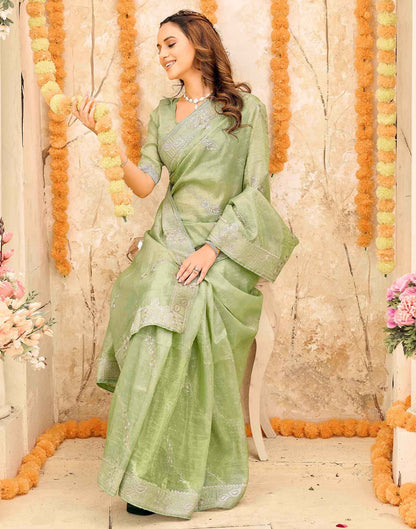 Pista Green Tissue Silk Embroidery Embellished Saree