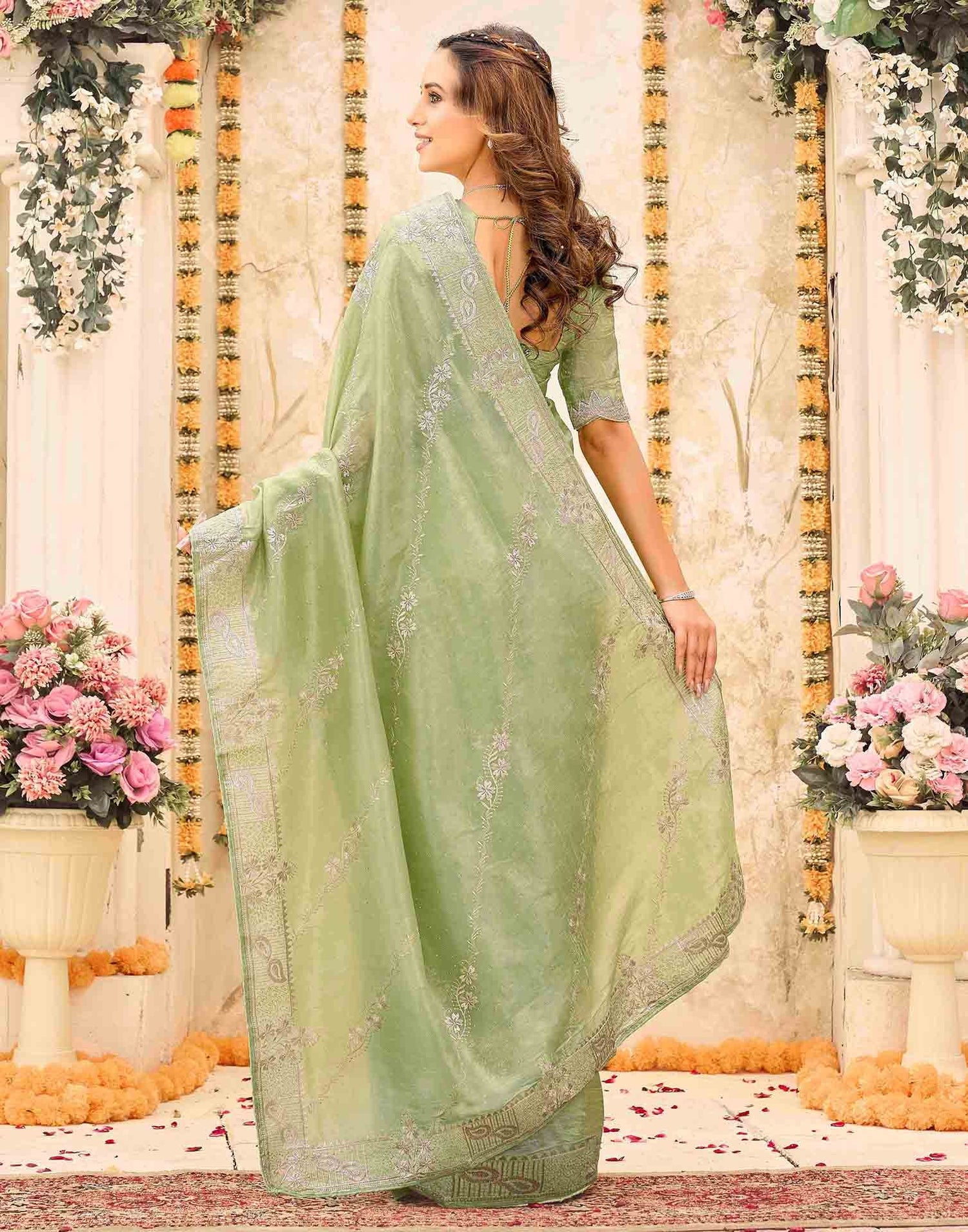 Pista Green Tissue Silk Embroidery Embellished Saree