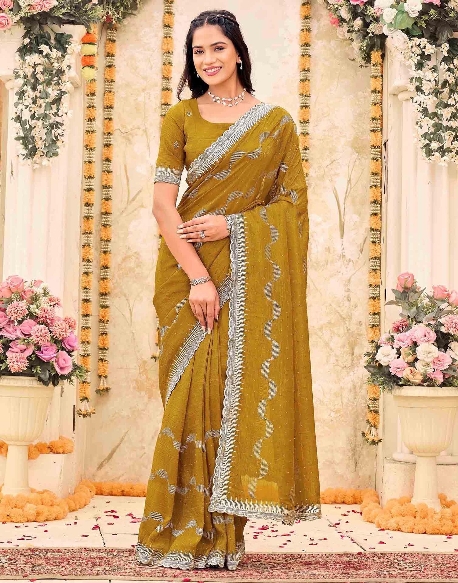 Mustard Yellow Shimmer Embroidery Embellished Saree