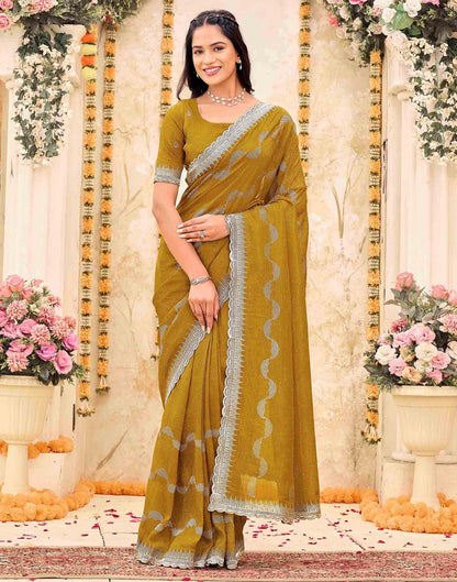 Mustard Yellow Shimmer Embroidery Embellished Saree