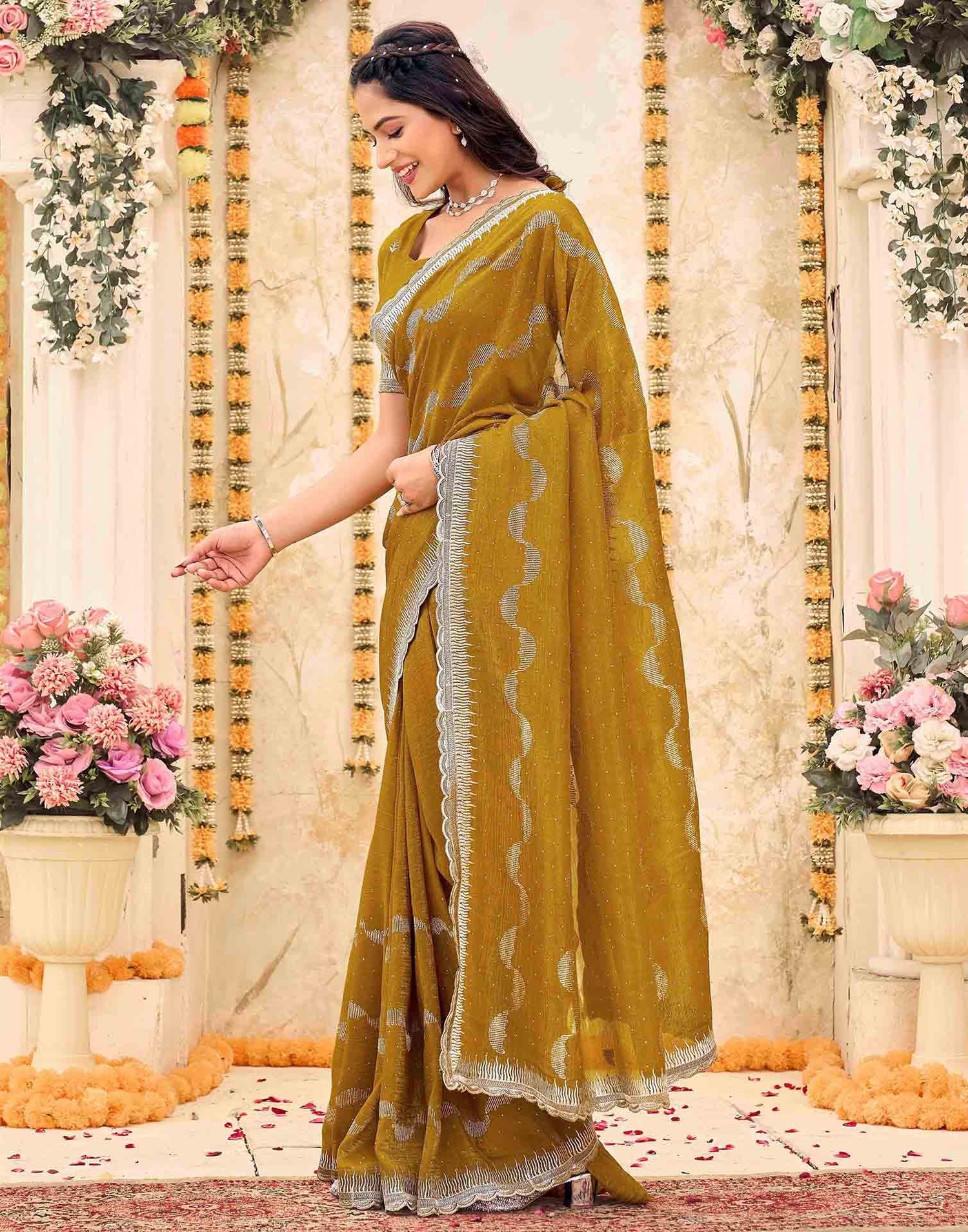 Mustard Yellow Shimmer Embroidery Embellished Saree