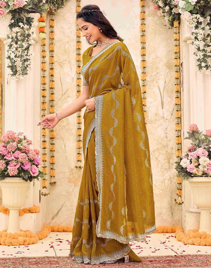 Mustard Yellow Shimmer Embroidery Embellished Saree