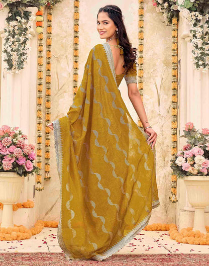 Mustard Yellow Shimmer Embroidery Embellished Saree