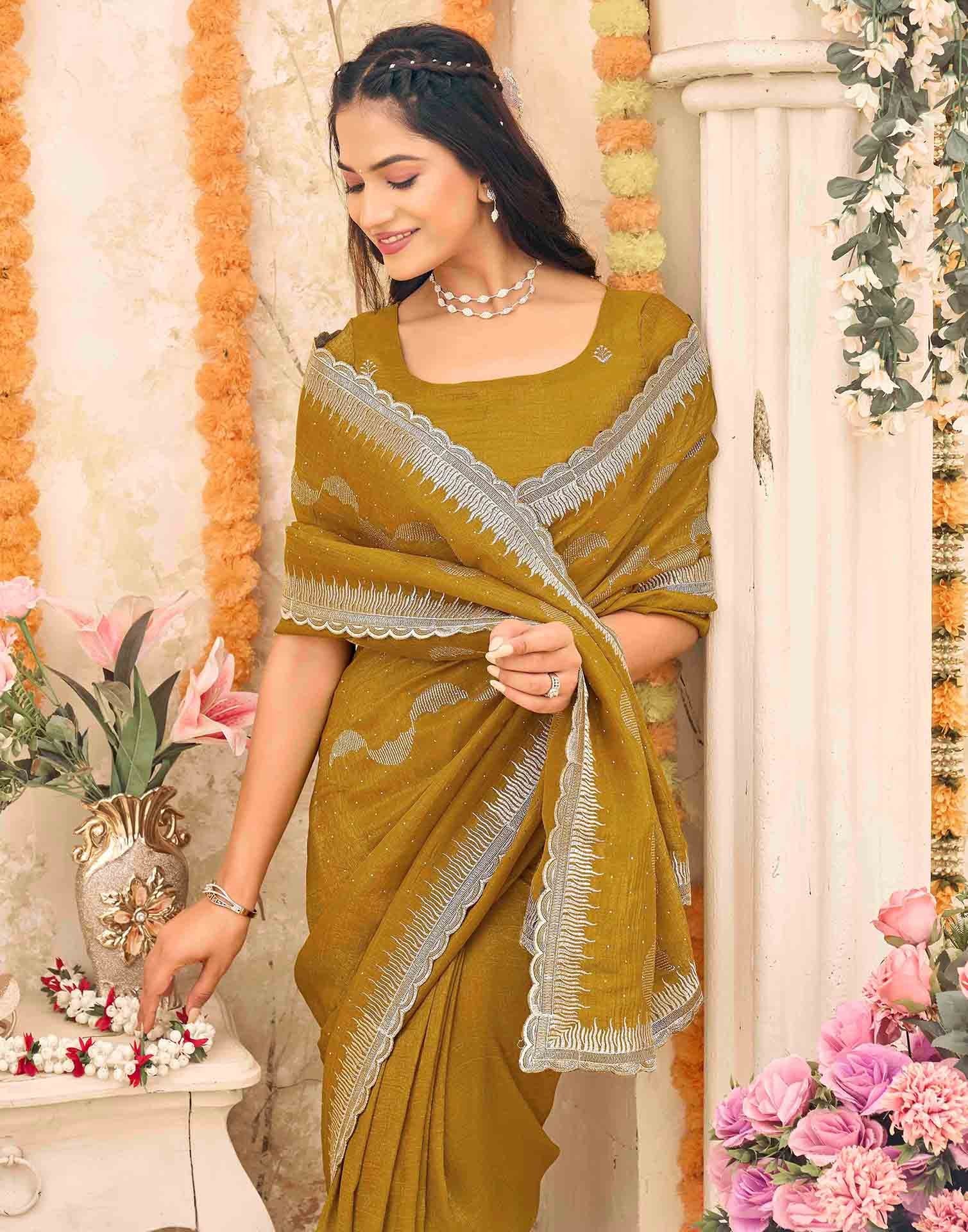 Mustard Yellow Shimmer Embroidery Embellished Saree