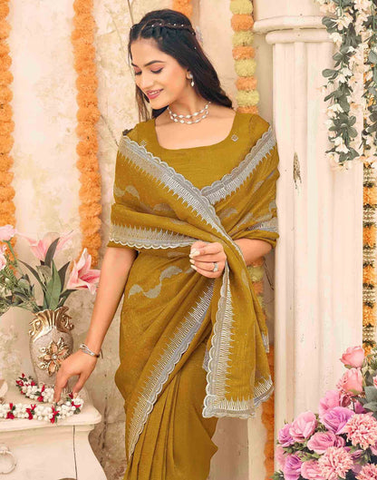 Mustard Yellow Shimmer Embroidery Embellished Saree