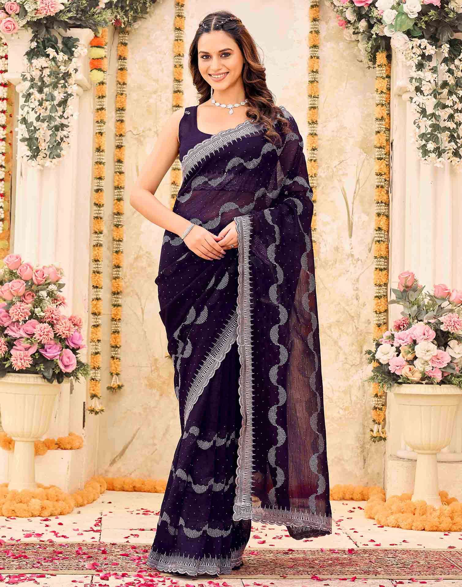 Dark Purple Shimmer Embroidery Embellished Saree