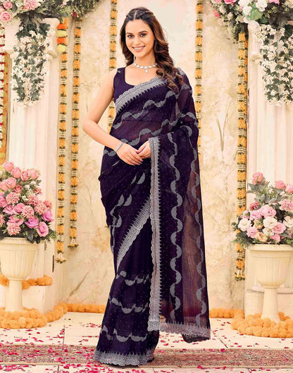 Dark Purple Shimmer Embroidery Embellished Saree