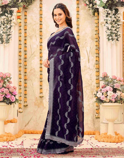 Dark Purple Shimmer Embroidery Embellished Saree