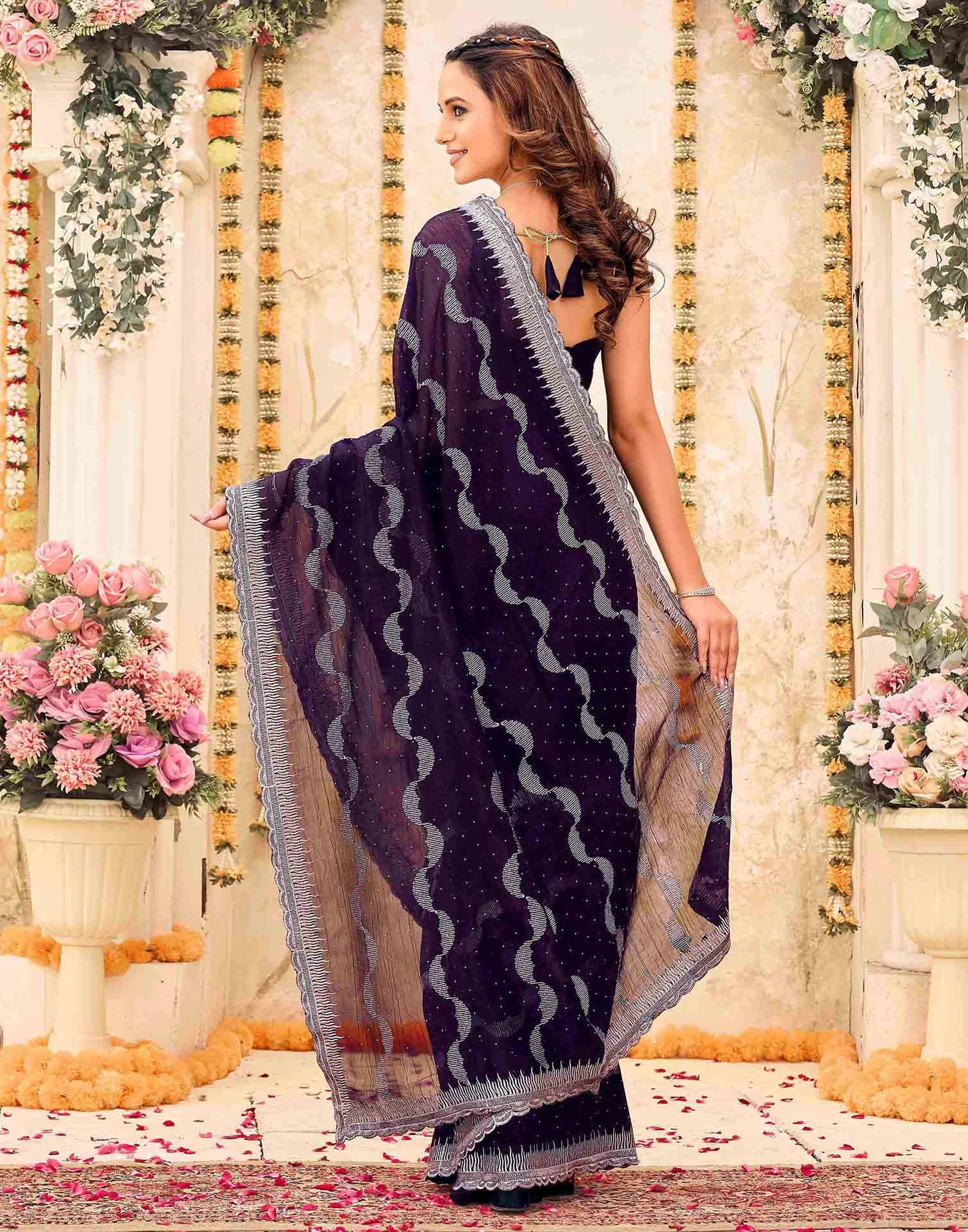 Dark Purple Shimmer Embroidery Embellished Saree