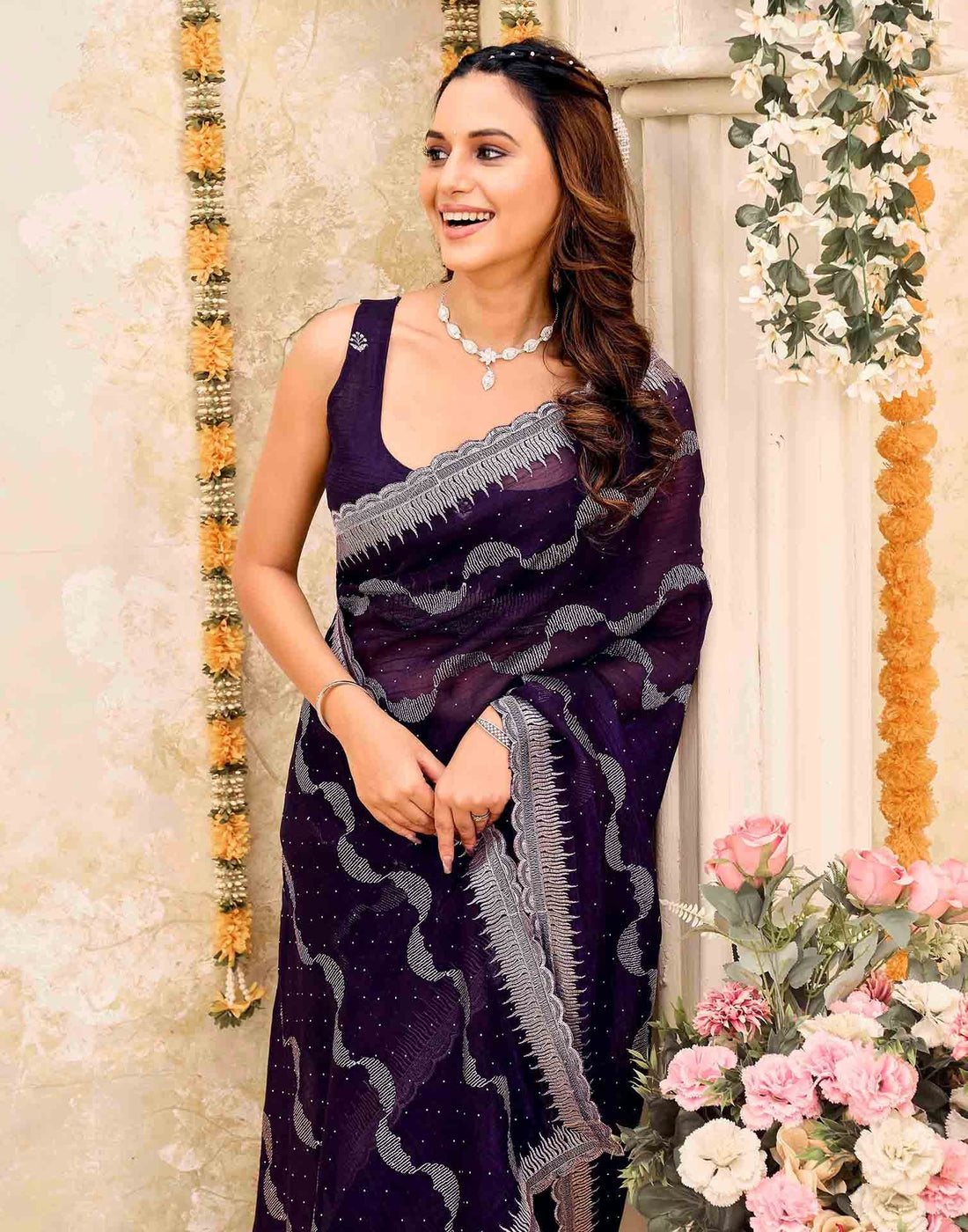 Dark Purple Shimmer Embroidery Embellished Saree