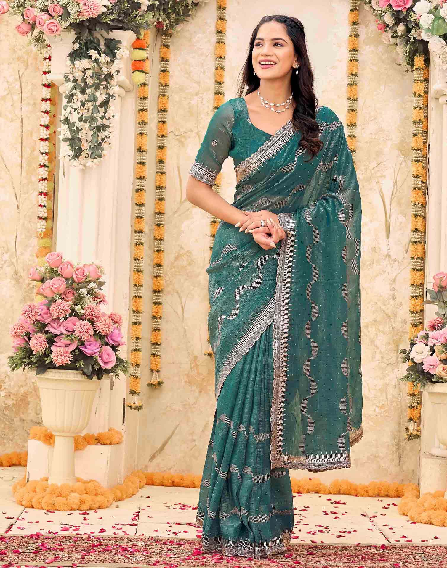 Dusty Rama Green Shimmer Embroidery Embellished Saree