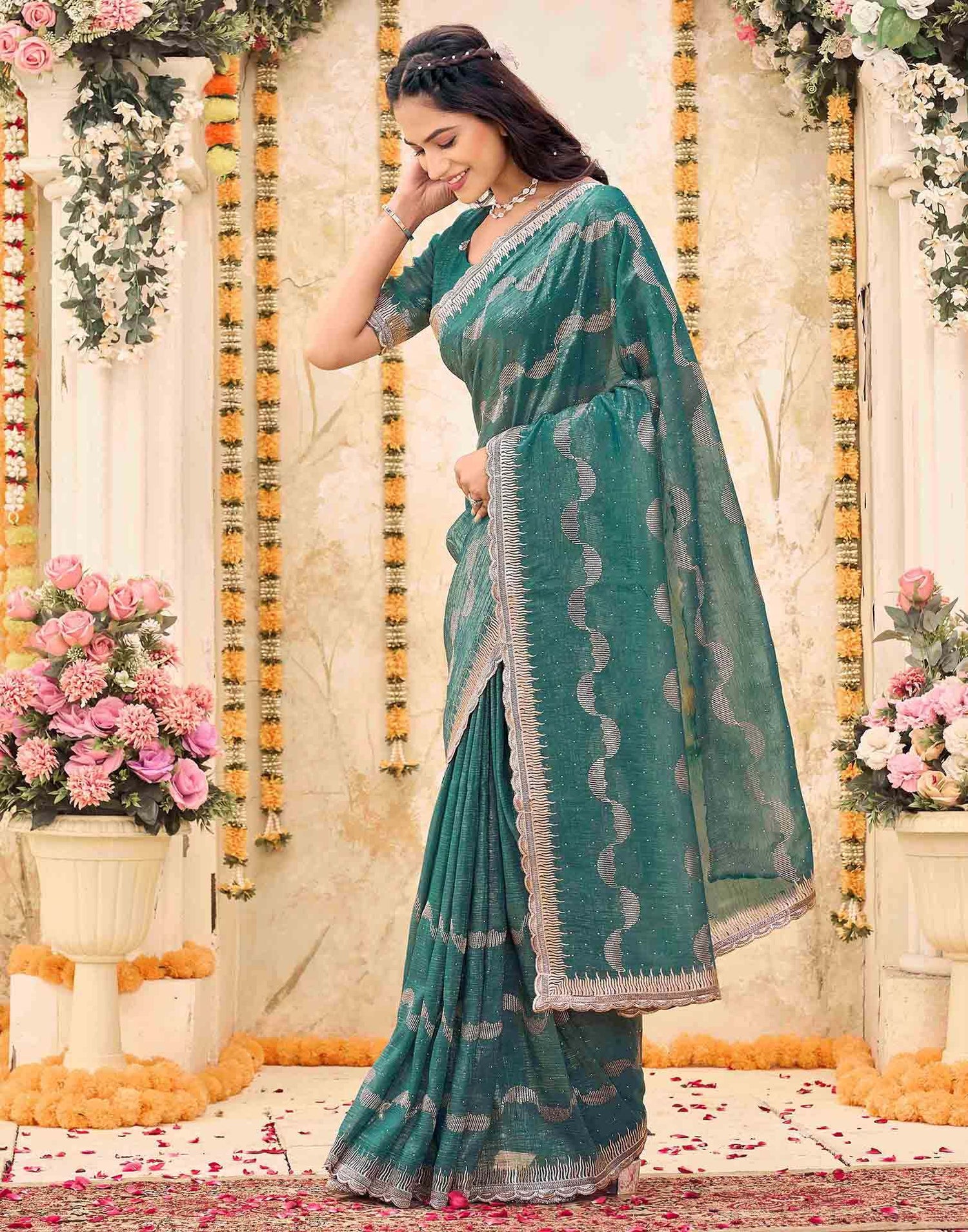 Dusty Rama Green Shimmer Embroidery Embellished Saree