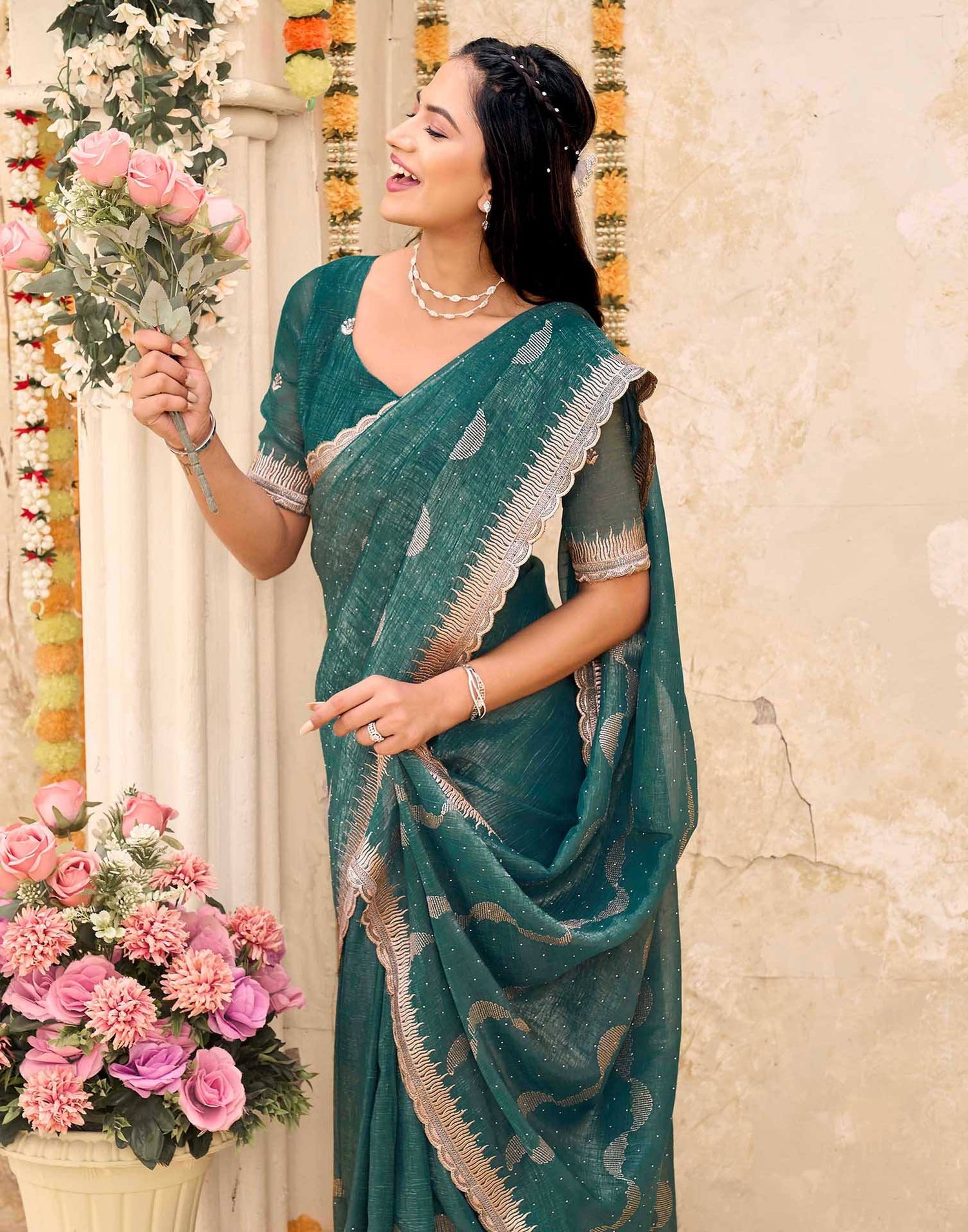 Dusty Rama Green Shimmer Embroidery Embellished Saree