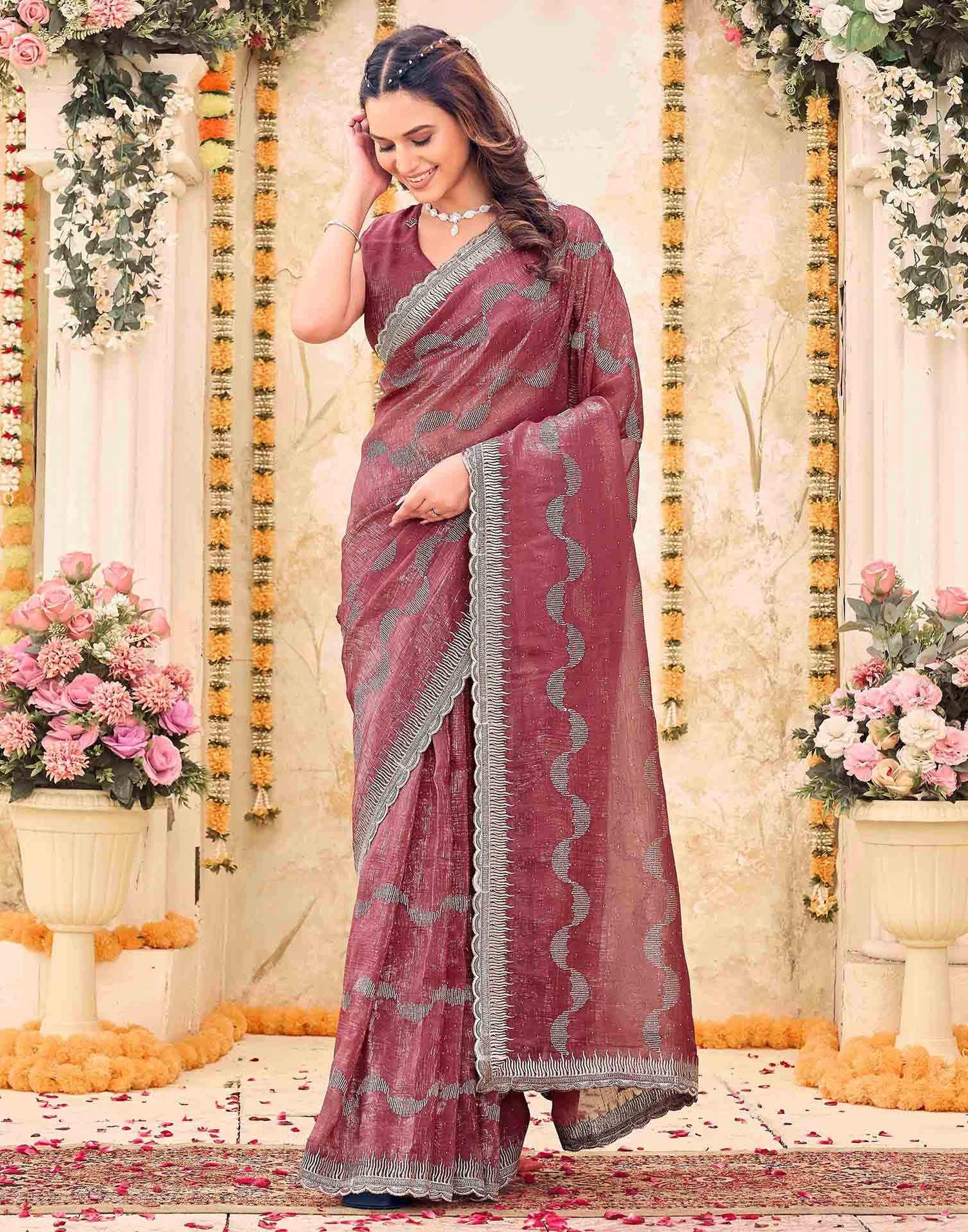 Dusty Rose Pink Shimmer Embroidery Embellished Saree