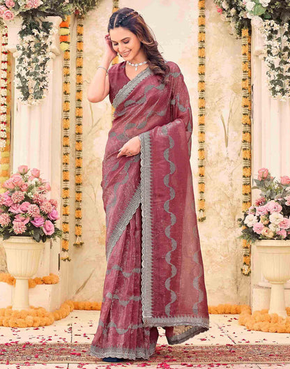 Dusty Rose Pink Shimmer Embroidery Embellished Saree