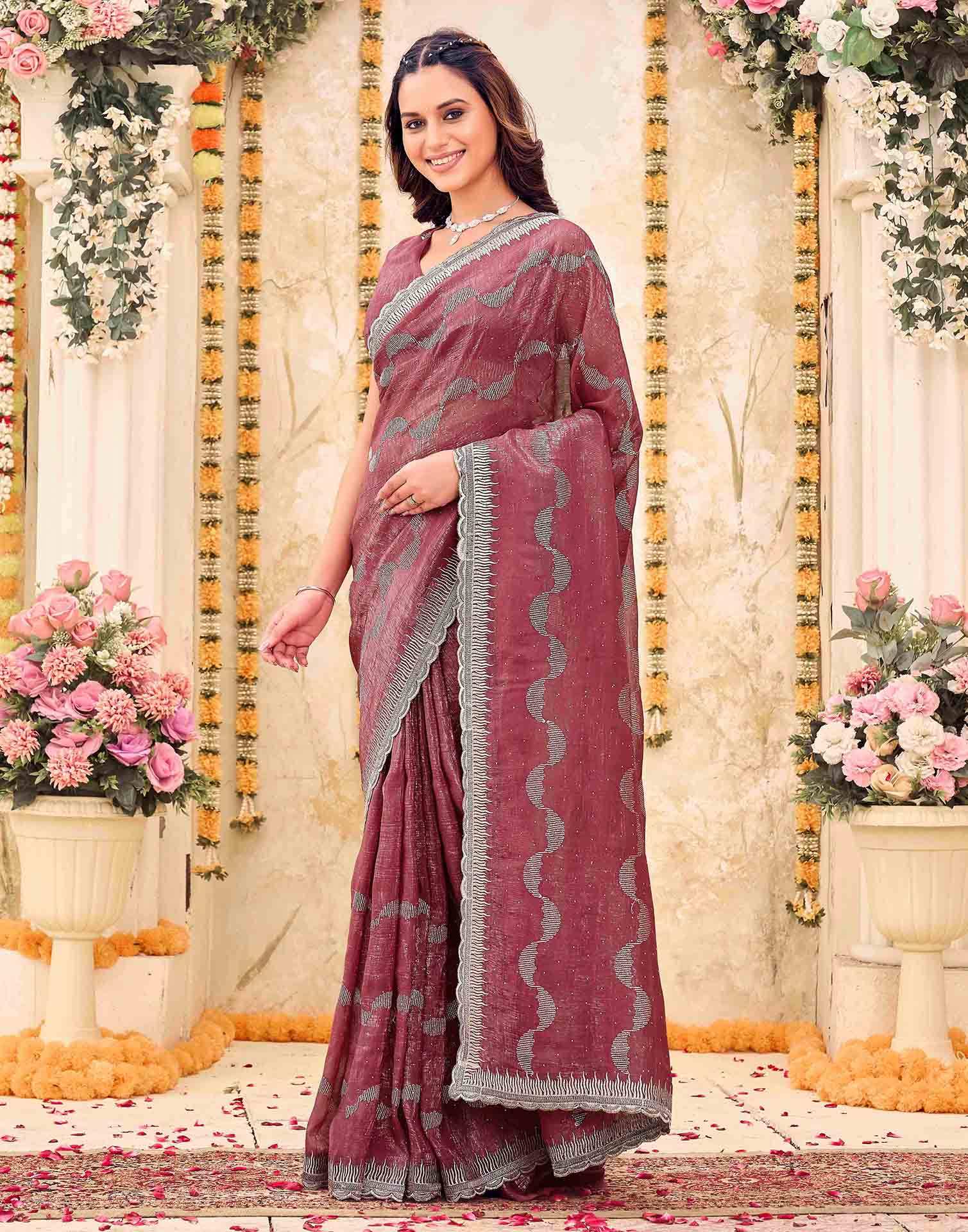 Dusty Rose Pink Shimmer Embroidery Embellished Saree