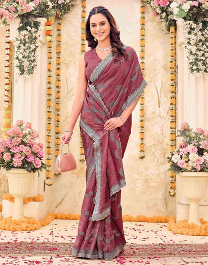 Dusty Rose Pink Shimmer Embroidery Embellished Saree
