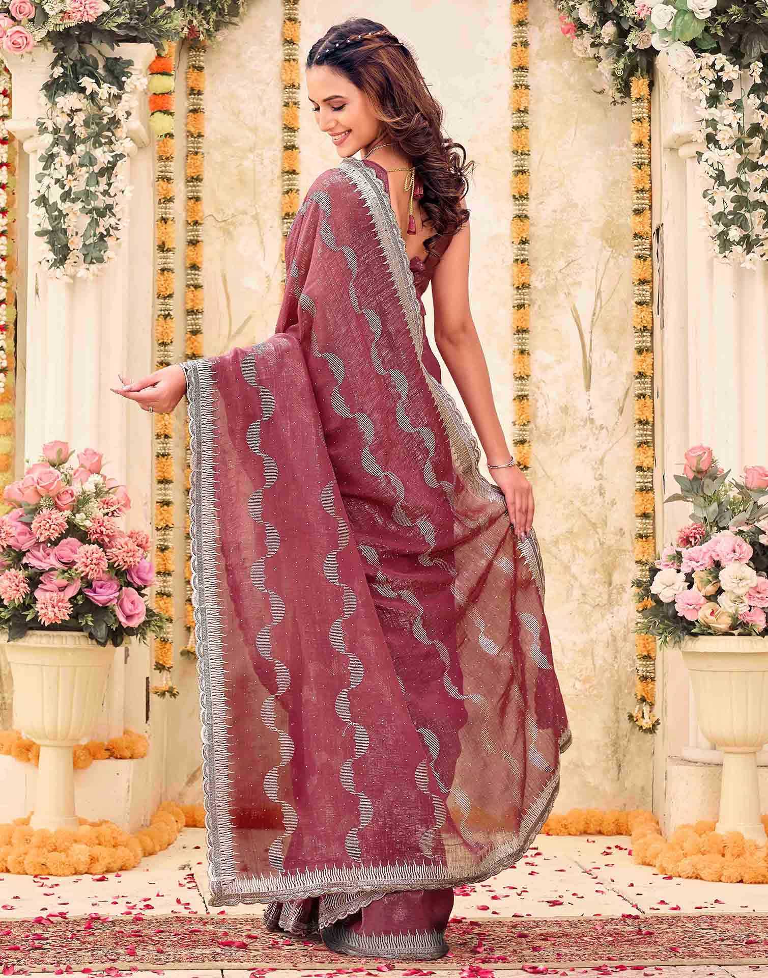 Dusty Rose Pink Shimmer Embroidery Embellished Saree