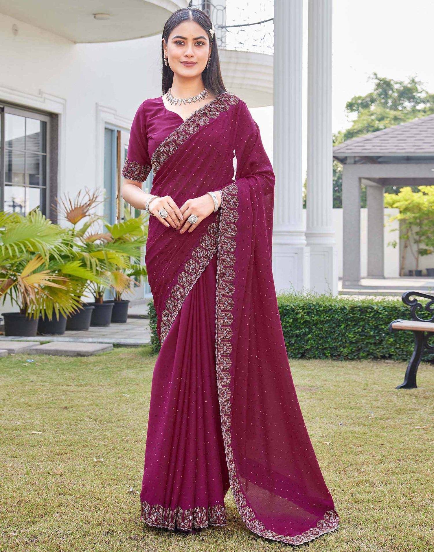 Rani Pink Georgette Stone Work Embellished Saree