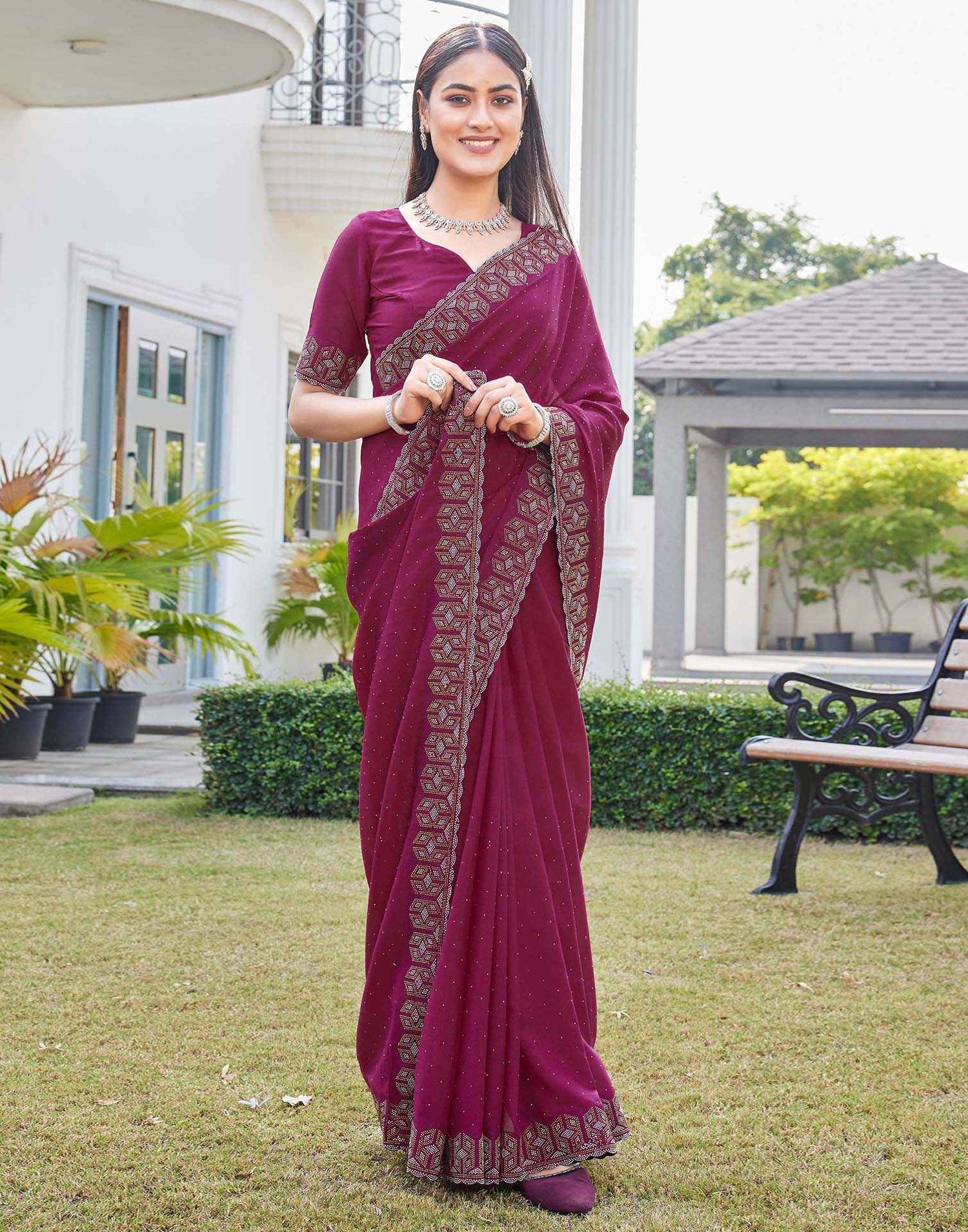 Rani Pink Georgette Stone Work Embellished Saree