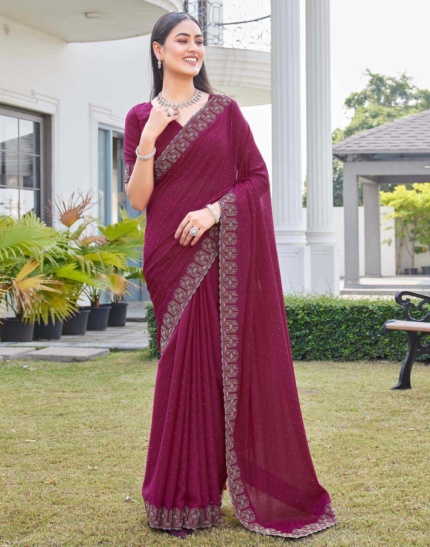 Rani Pink Georgette Stone Work Embellished Saree