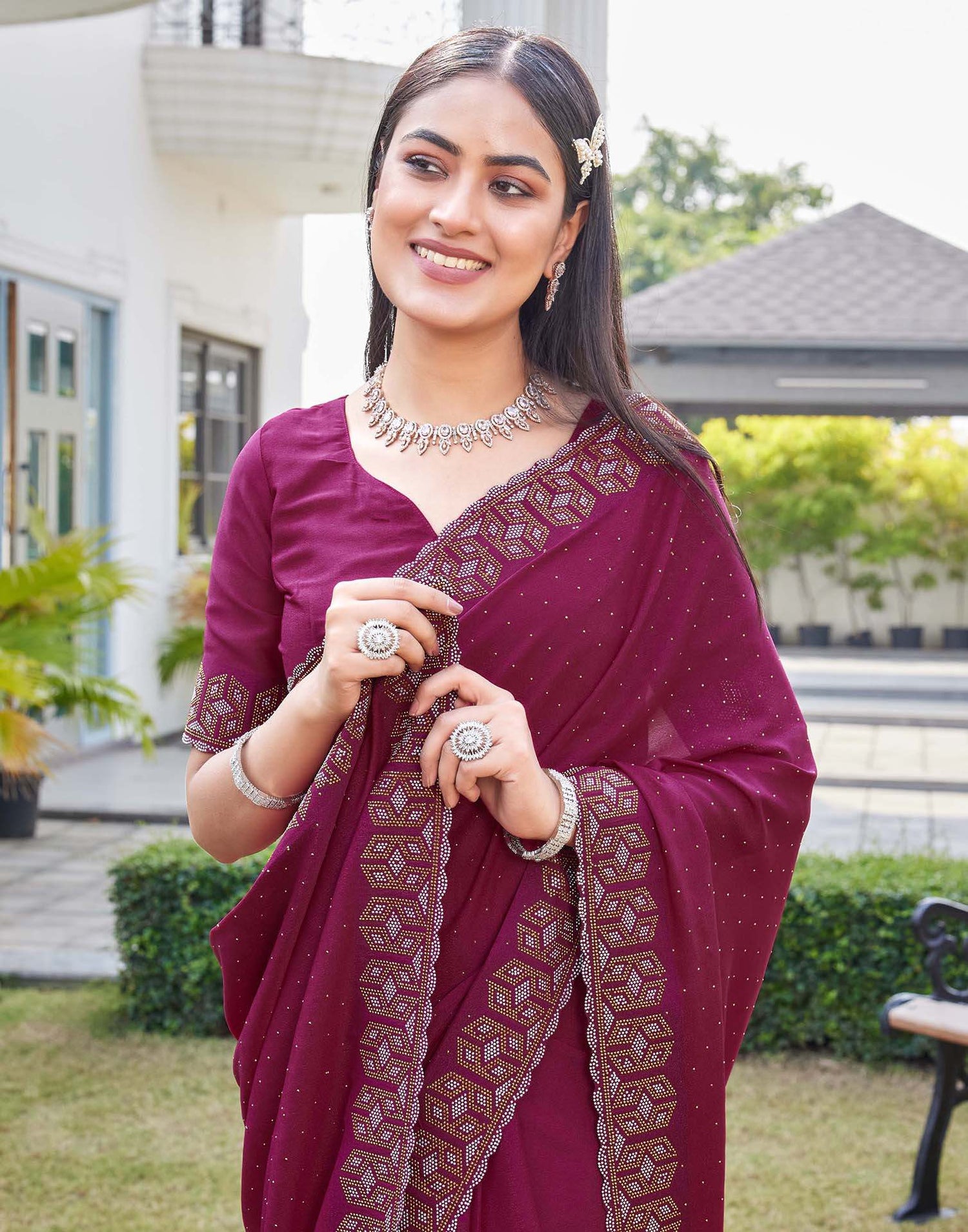 Rani Pink Georgette Stone Work Embellished Saree