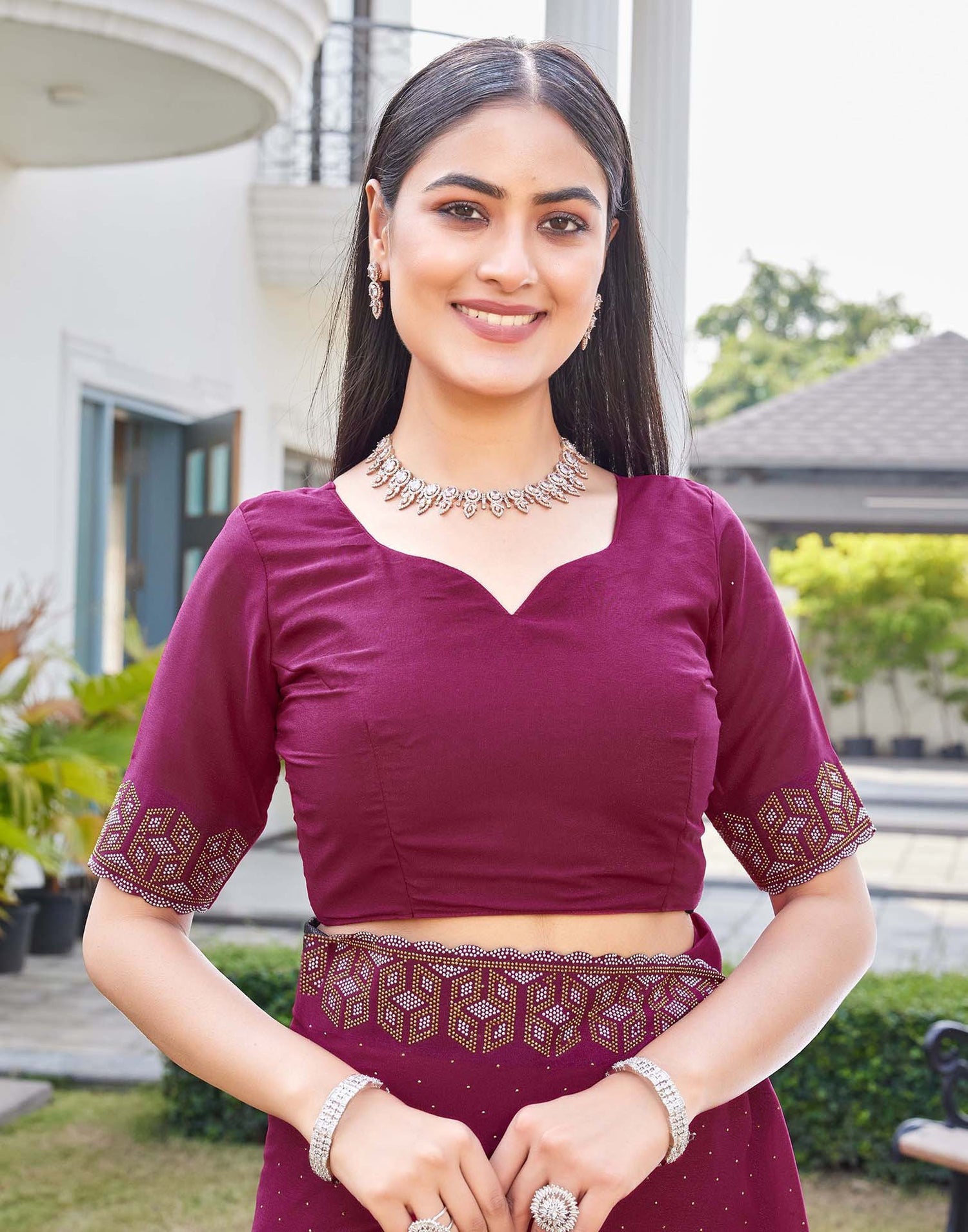 Rani Pink Georgette Stone Work Embellished Saree