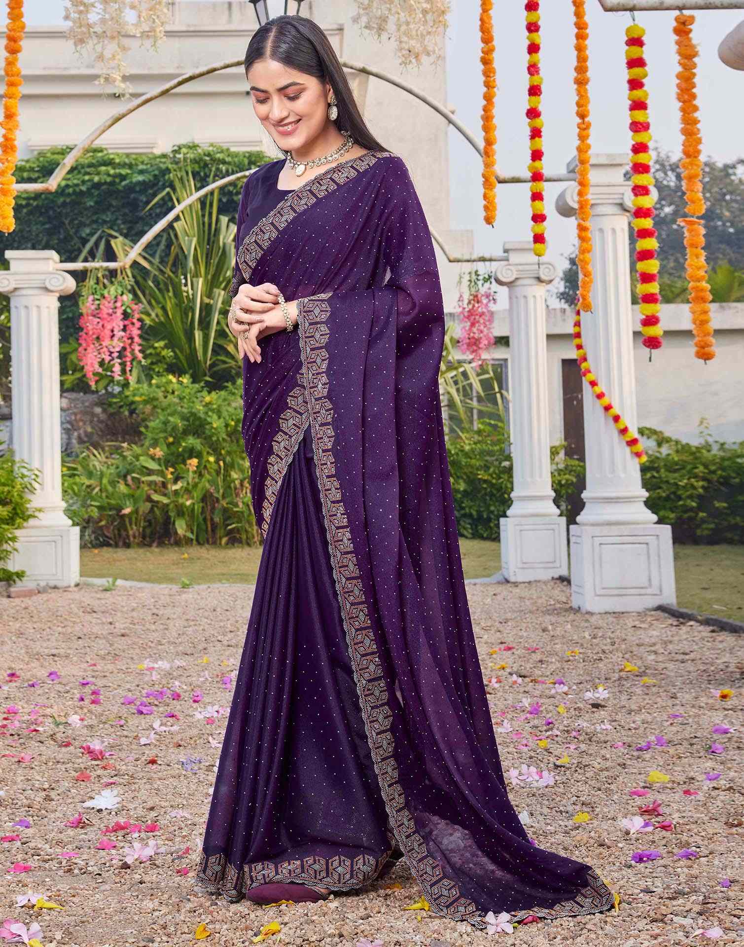 Violet Georgette Stone Work Embellished Saree