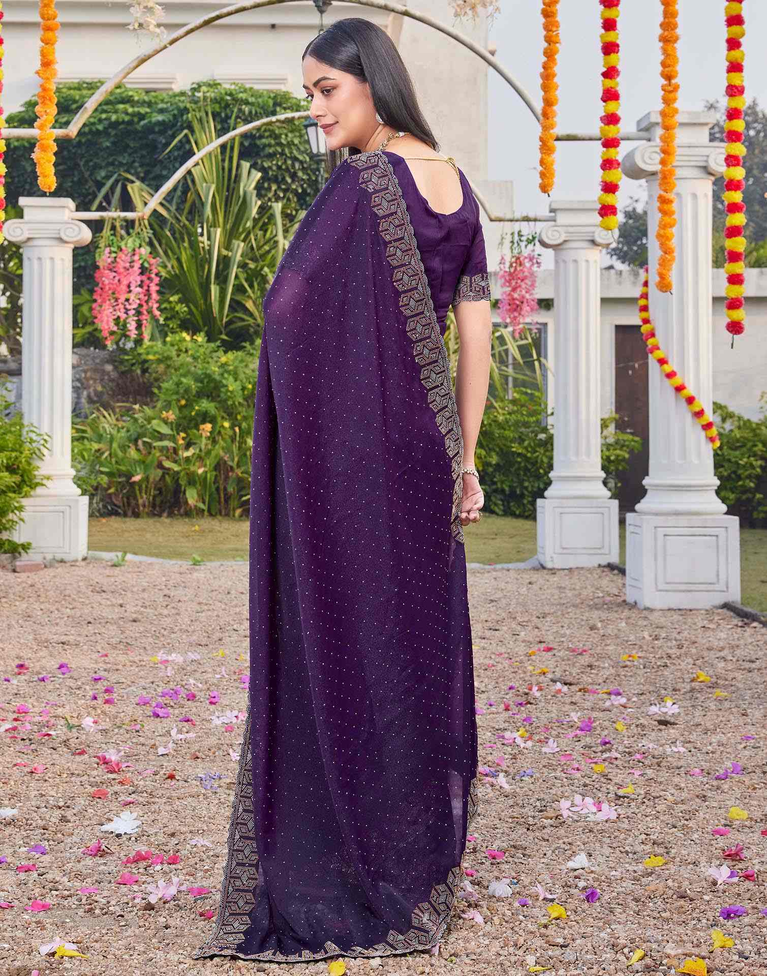 Violet Georgette Stone Work Embellished Saree