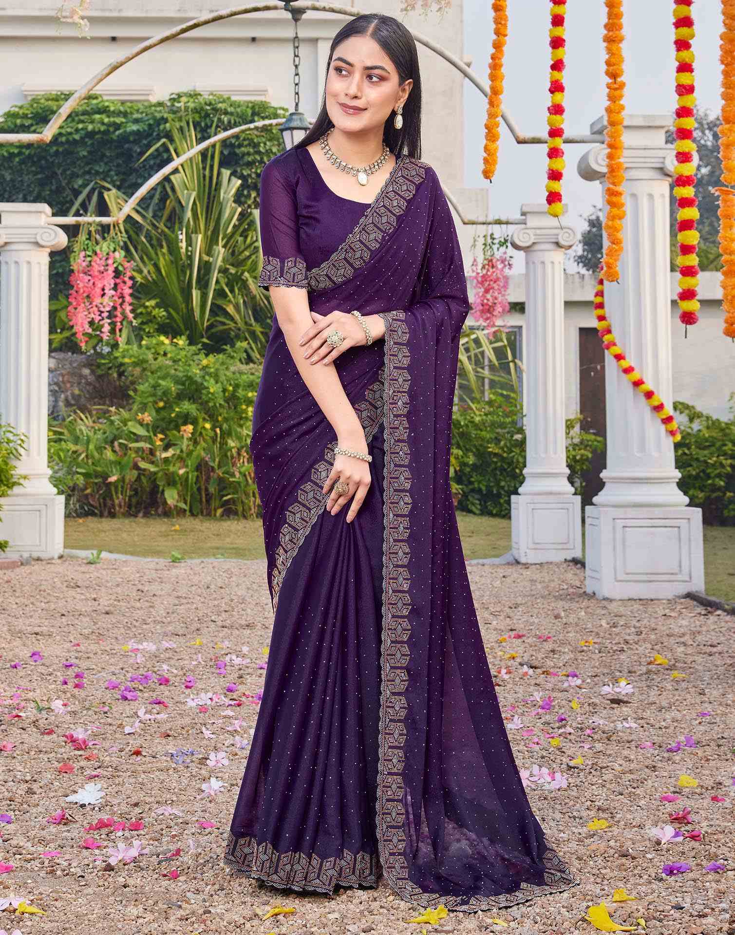 Violet Georgette Stone Work Embellished Saree