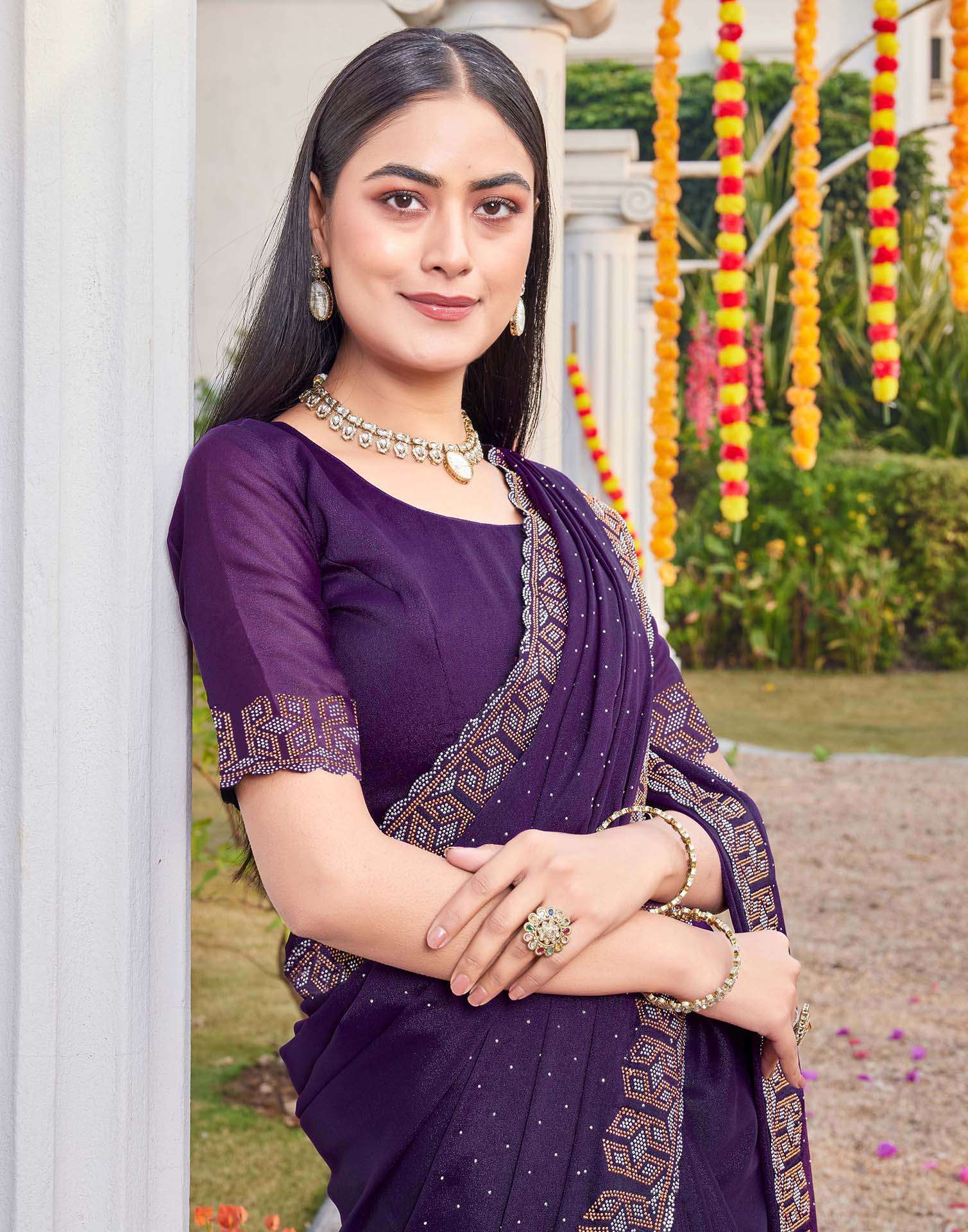 Violet Georgette Stone Work Embellished Saree