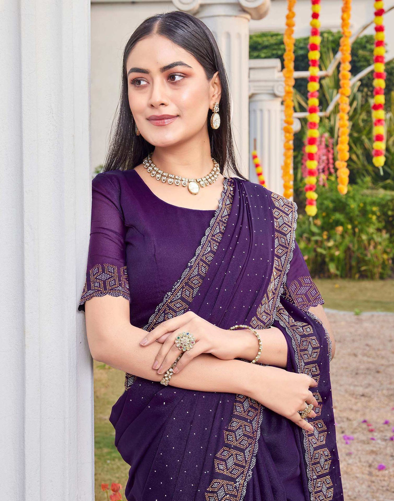 Violet Georgette Stone Work Embellished Saree