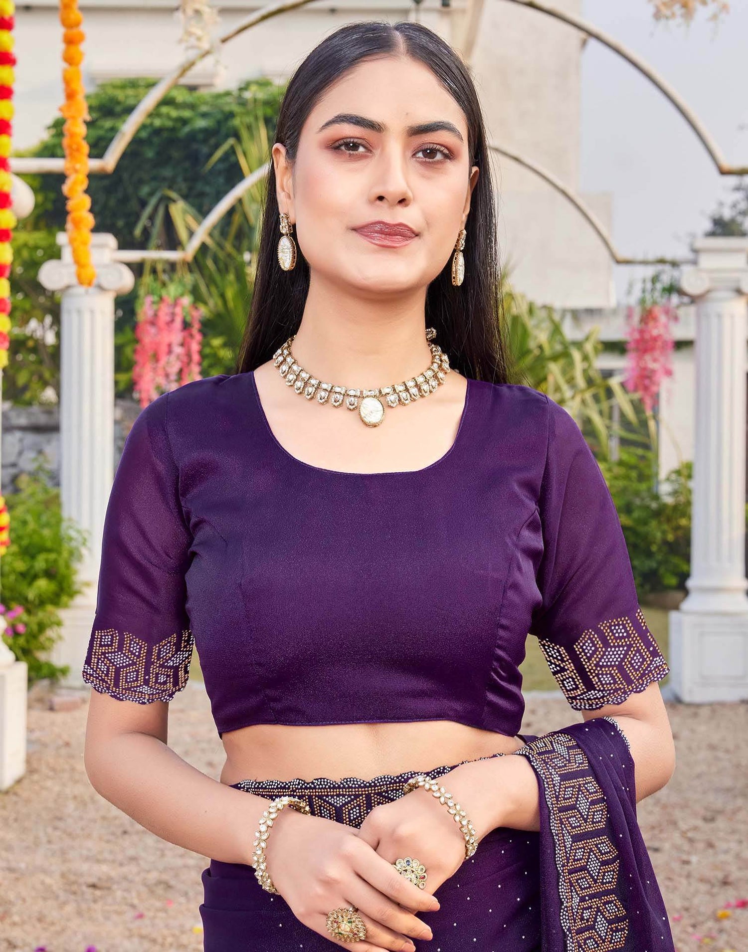 Violet Georgette Stone Work Embellished Saree