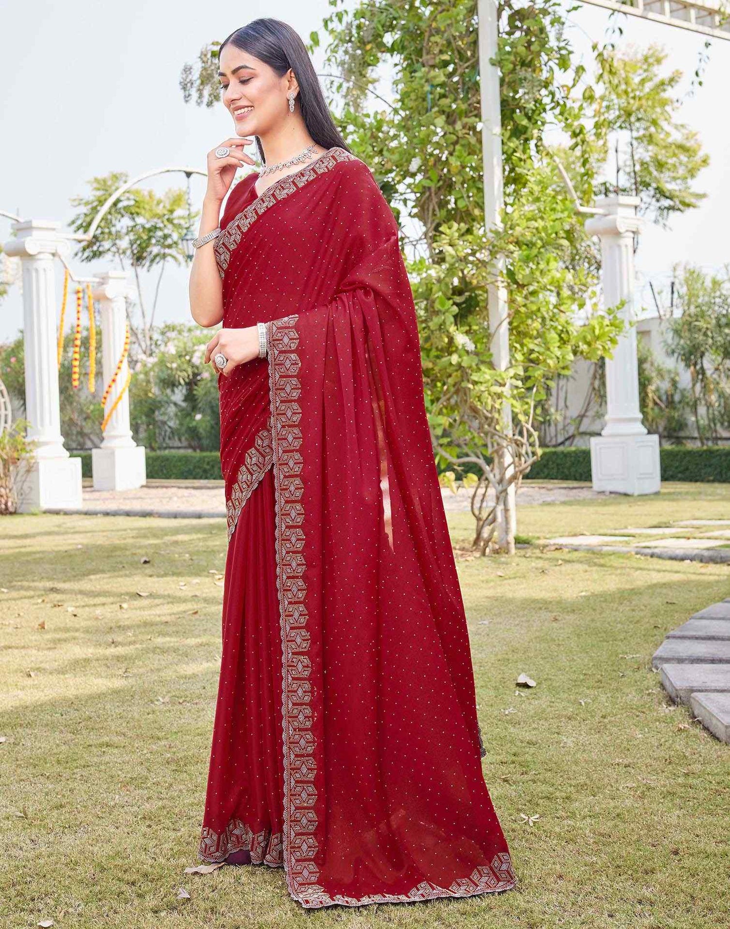 Red Georgette Stone Work Embellished Saree