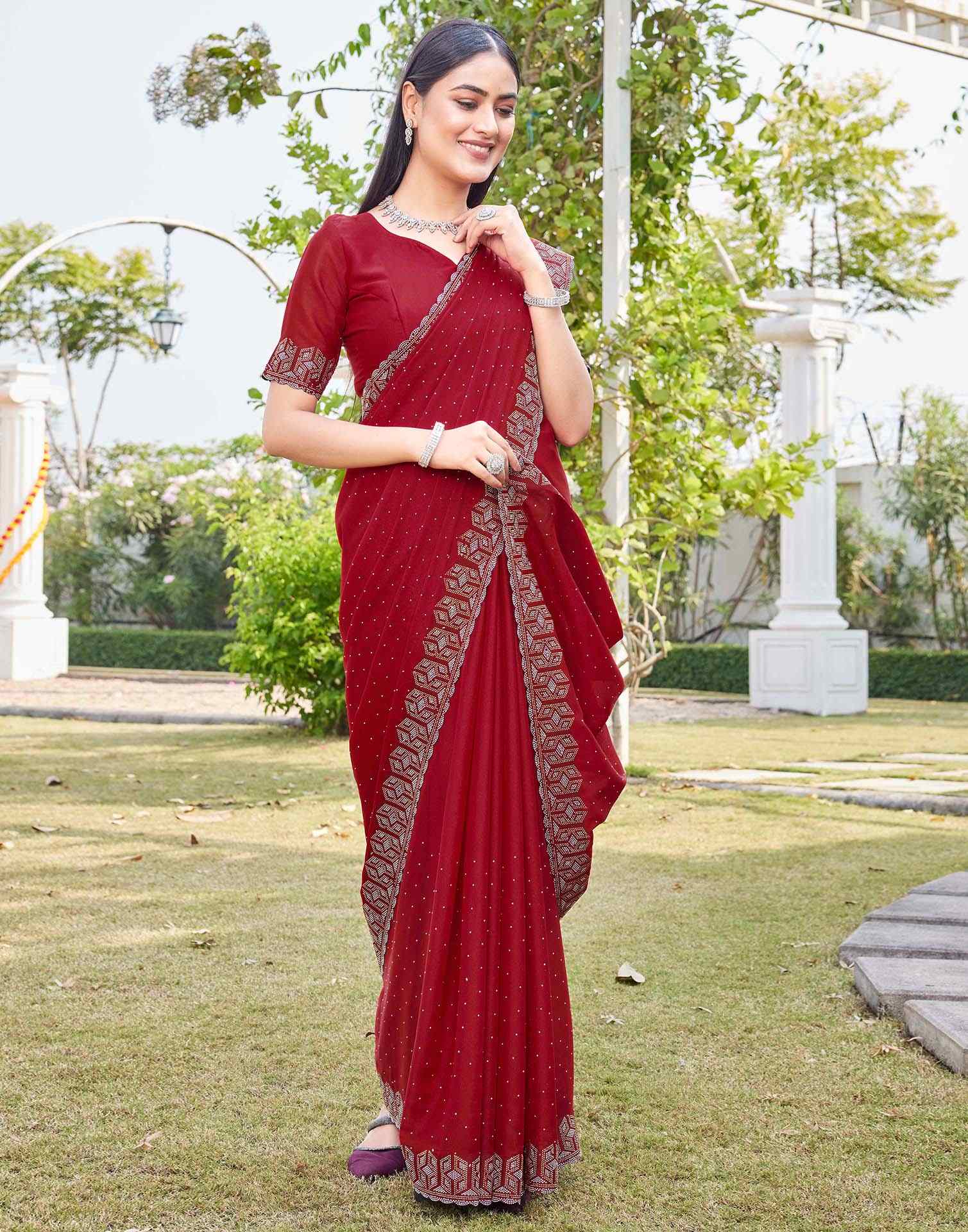 Red Georgette Stone Work Embellished Saree