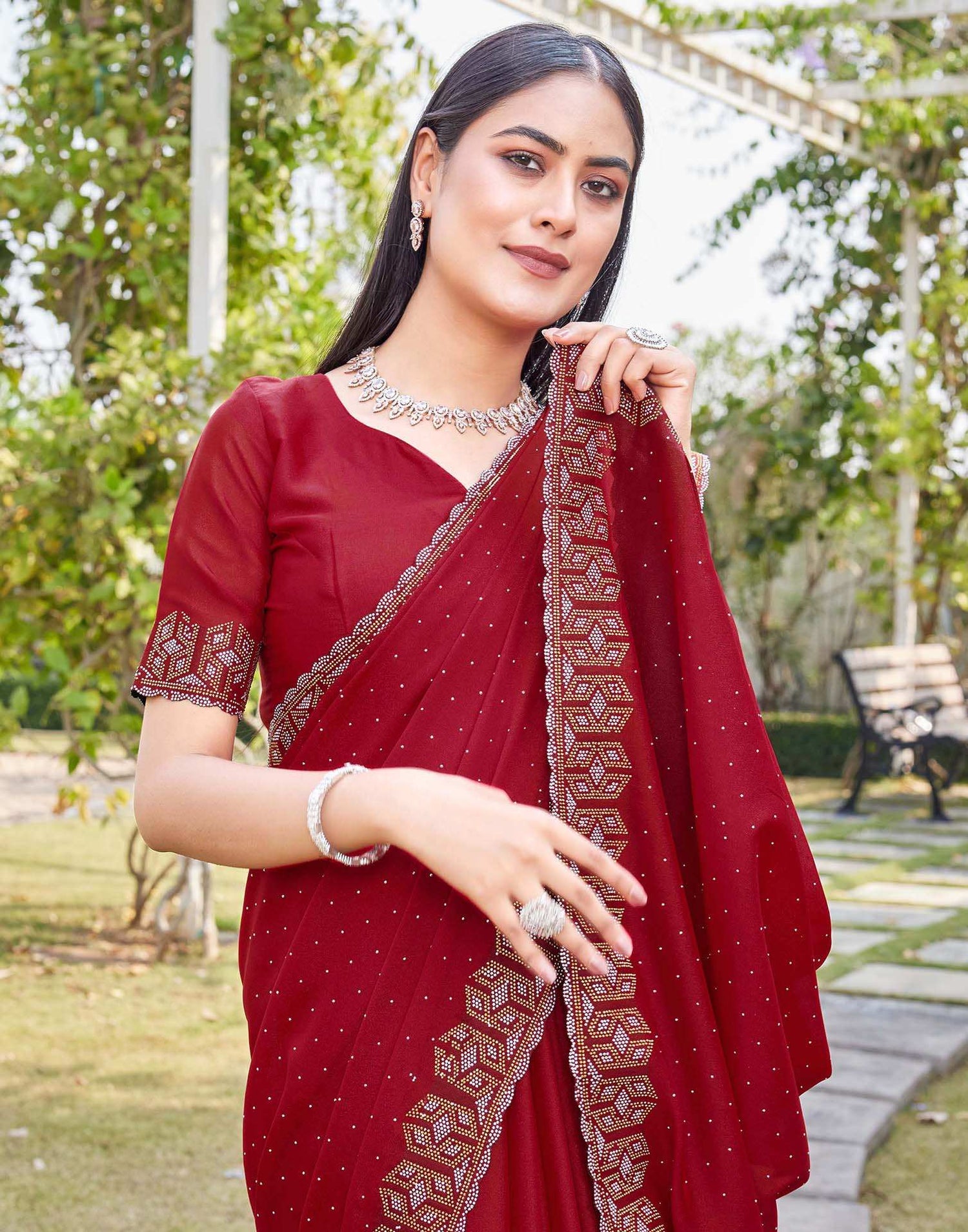 Red Georgette Stone Work Embellished Saree