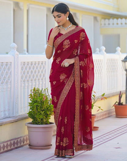 Dark Rani Pink Georgette Embroidery Embellished Saree