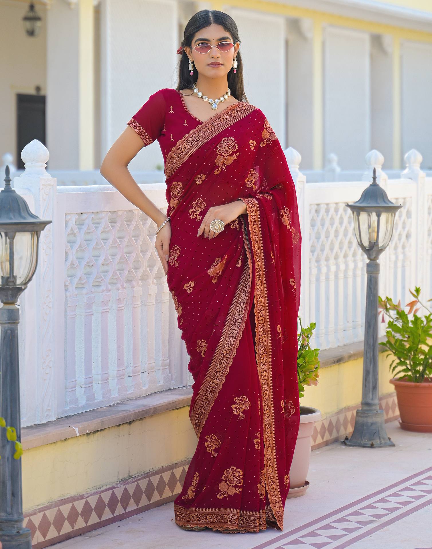 Dark Rani Pink Georgette Embroidery Embellished Saree