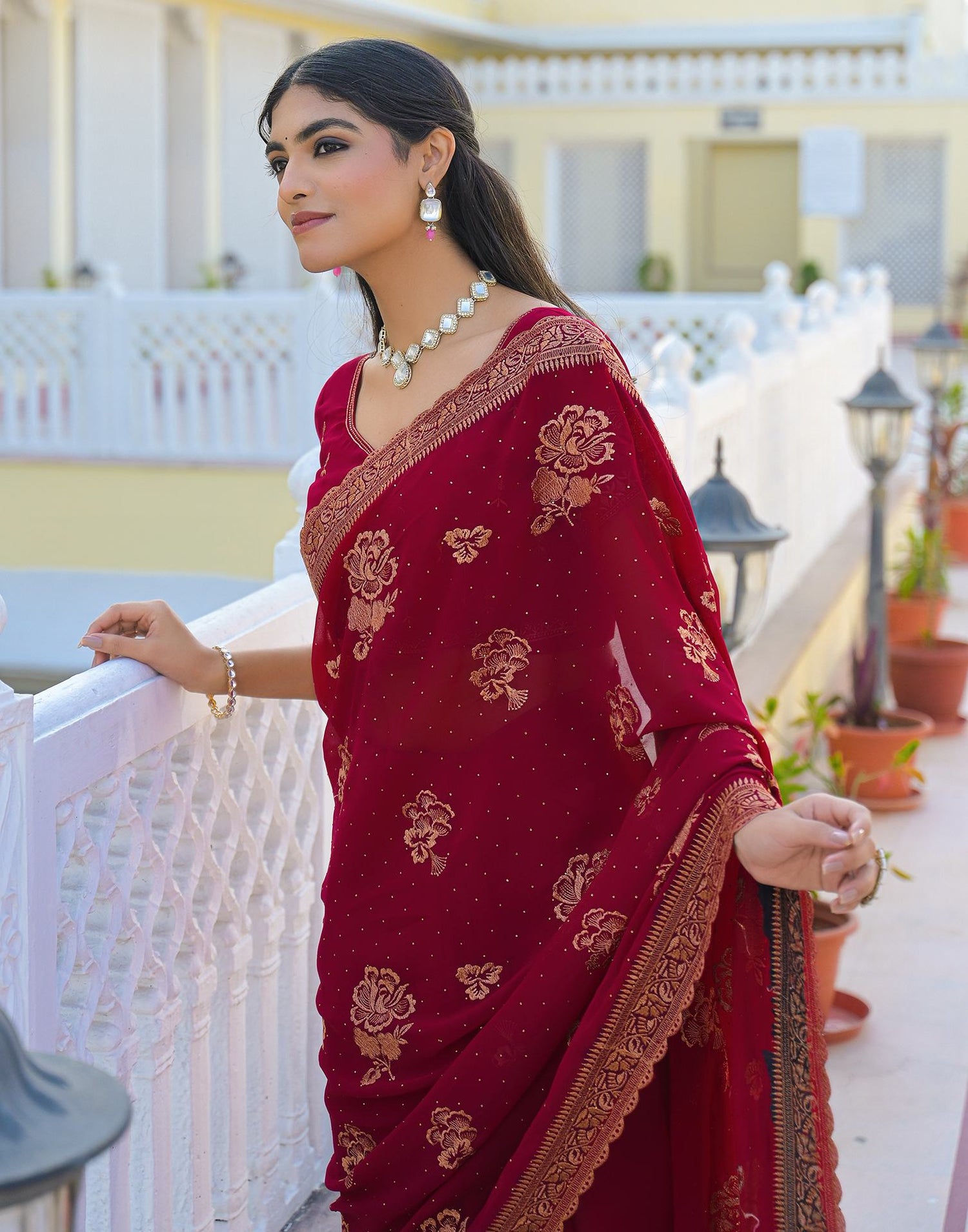 Dark Rani Pink Georgette Embroidery Embellished Saree
