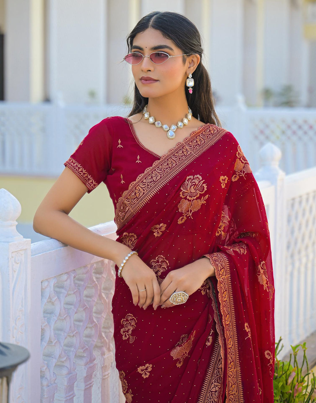 Dark Rani Pink Georgette Embroidery Embellished Saree