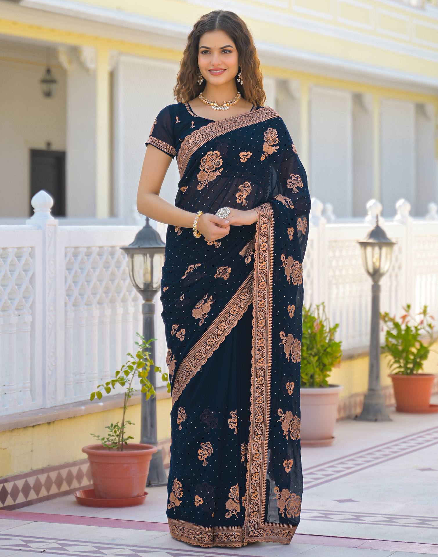 Dark Navy Blue Georgette Embroidery Embellished Saree