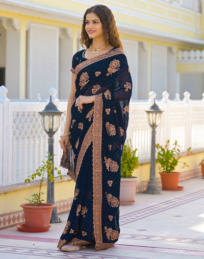 Dark Navy Blue Georgette Embroidery Embellished Saree