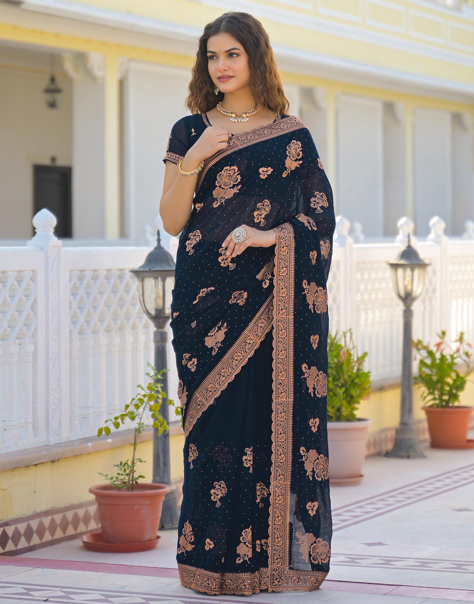 Dark Navy Blue Georgette Embroidery Embellished Saree